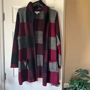 New Directions Hooded Plaid Open Front Cardigan Sweater w/Pockets ~ Size Large